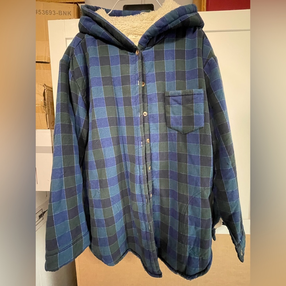 Easel Cozy hooded Flannel Shirt jacket with Cream Sherpa Lining